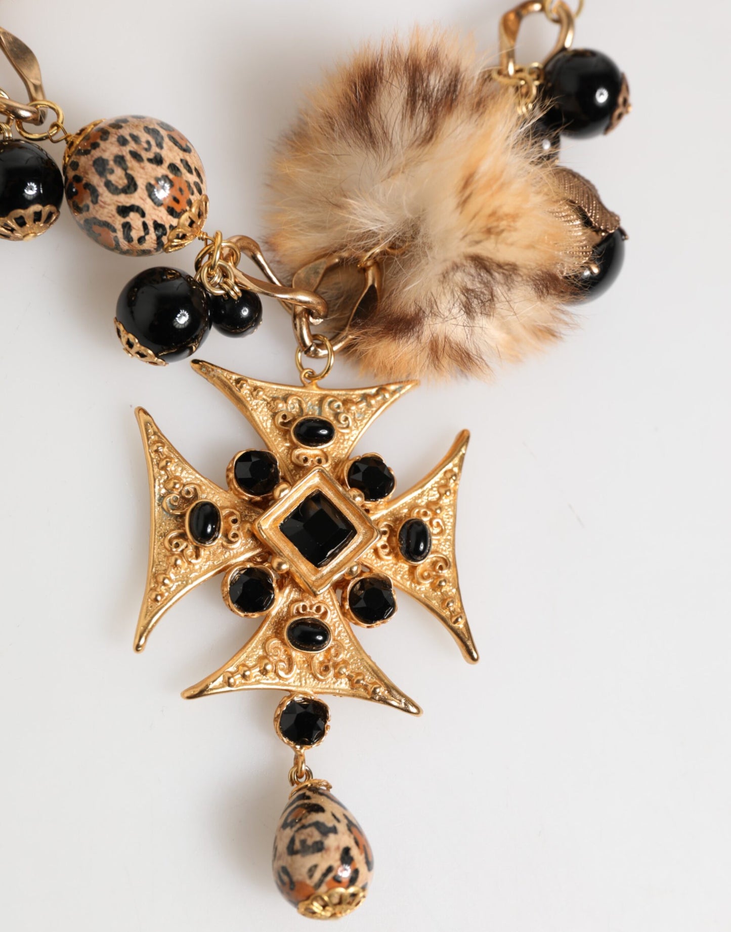 Dolce & Gabbana Gold Black Crystals Lapin Fur Filigree Choker Necklace Womens Necklace