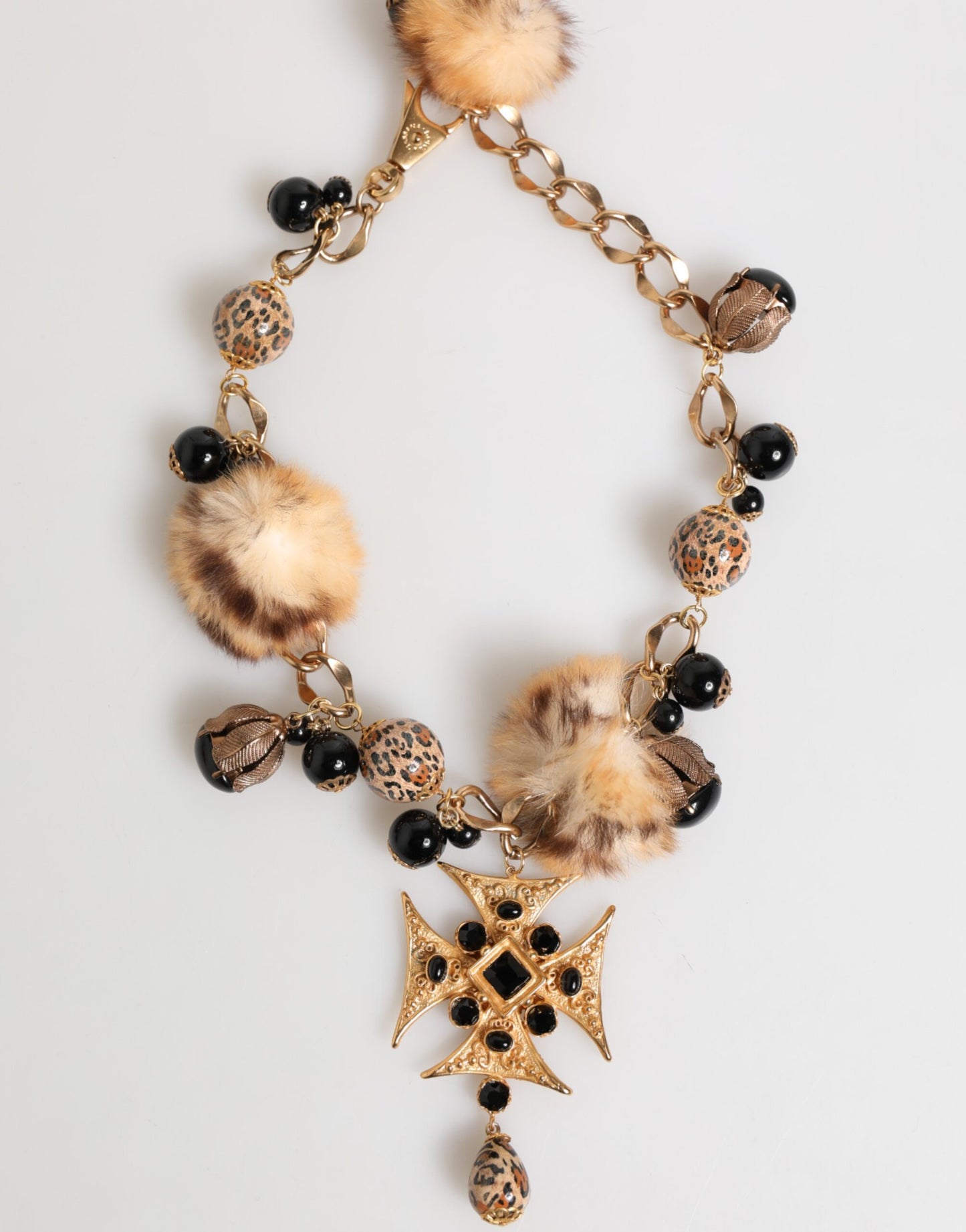 Dolce & Gabbana Gold Black Crystals Lapin Fur Filigree Choker Necklace Womens Necklace