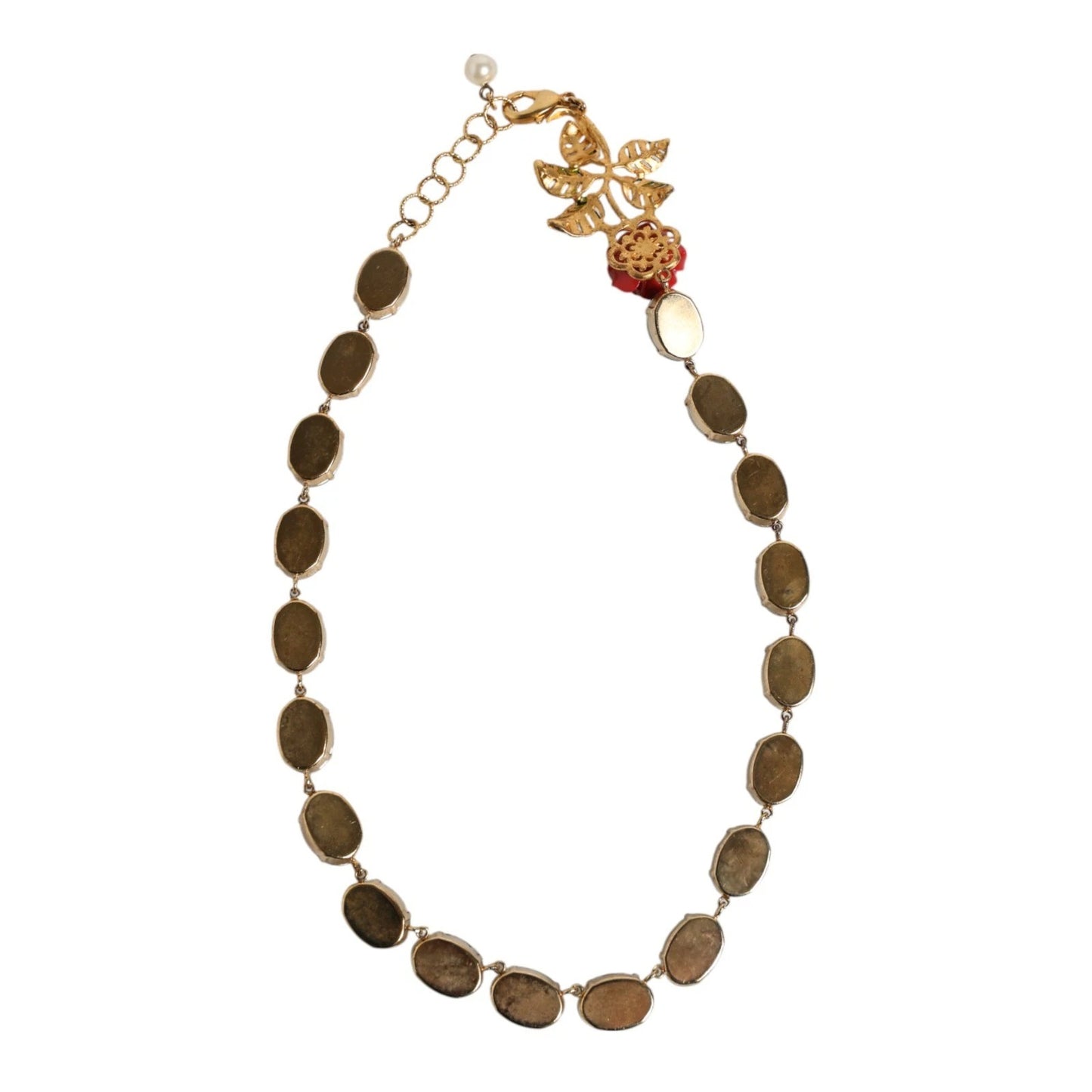 Dolce & Gabbana Red Rose Green Crystal Gold-Tone Chain Necklace Womens Necklace