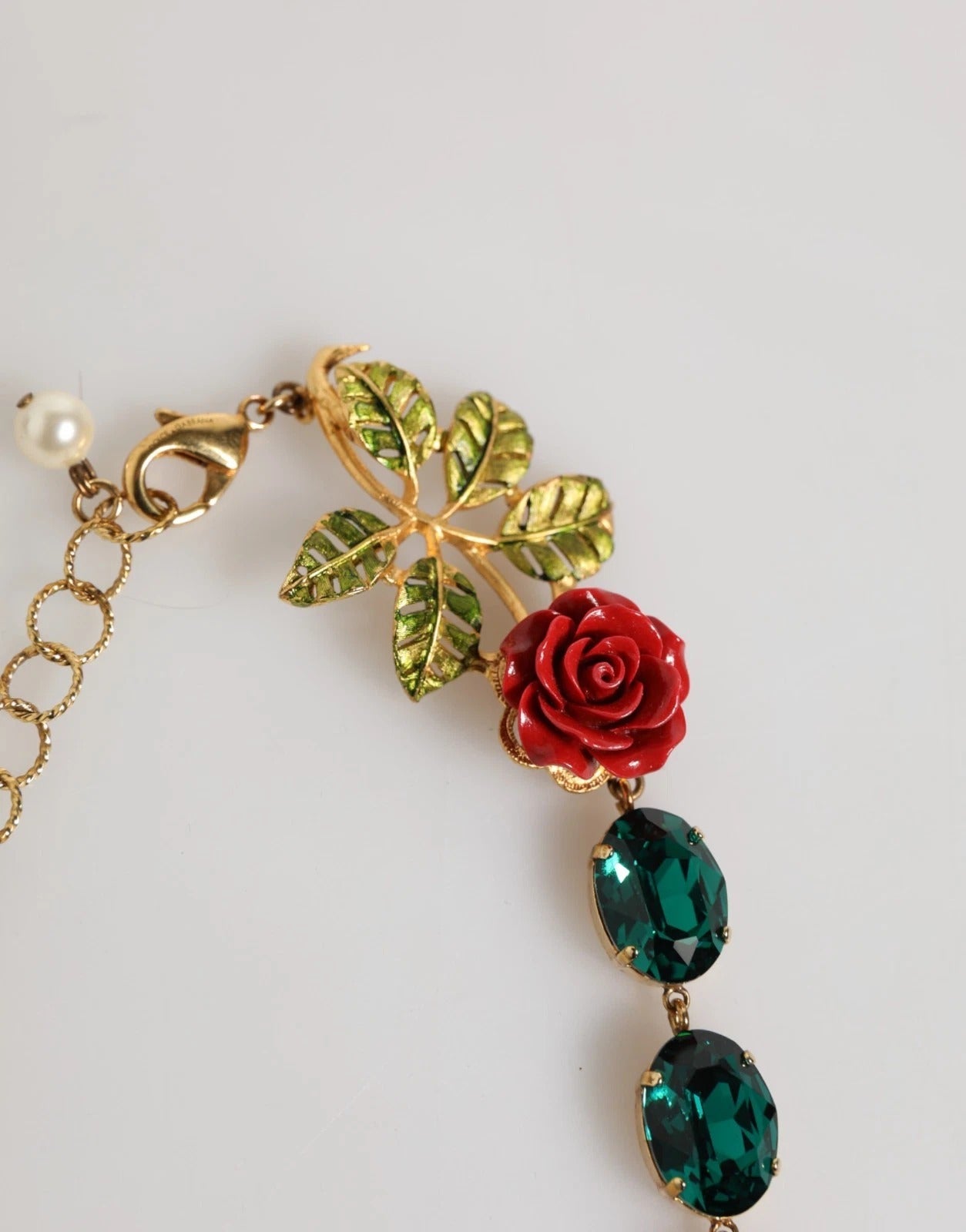 Dolce & Gabbana Red Rose Green Crystal Gold-Tone Chain Necklace Womens Necklace