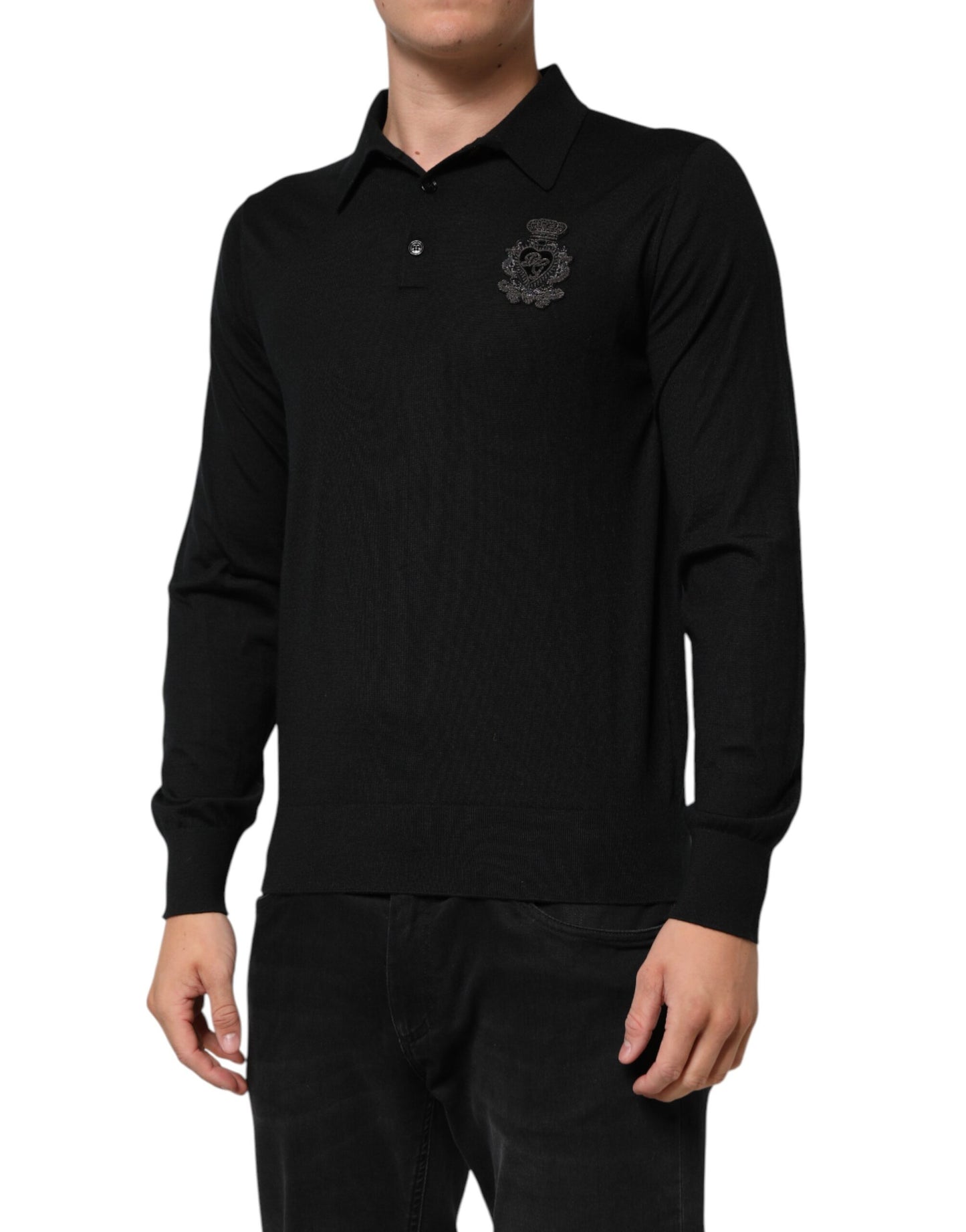 Dolce & Gabbana Black Logo Patch Collared Pullover Sweater Mens Sweater Mens T-Shirt