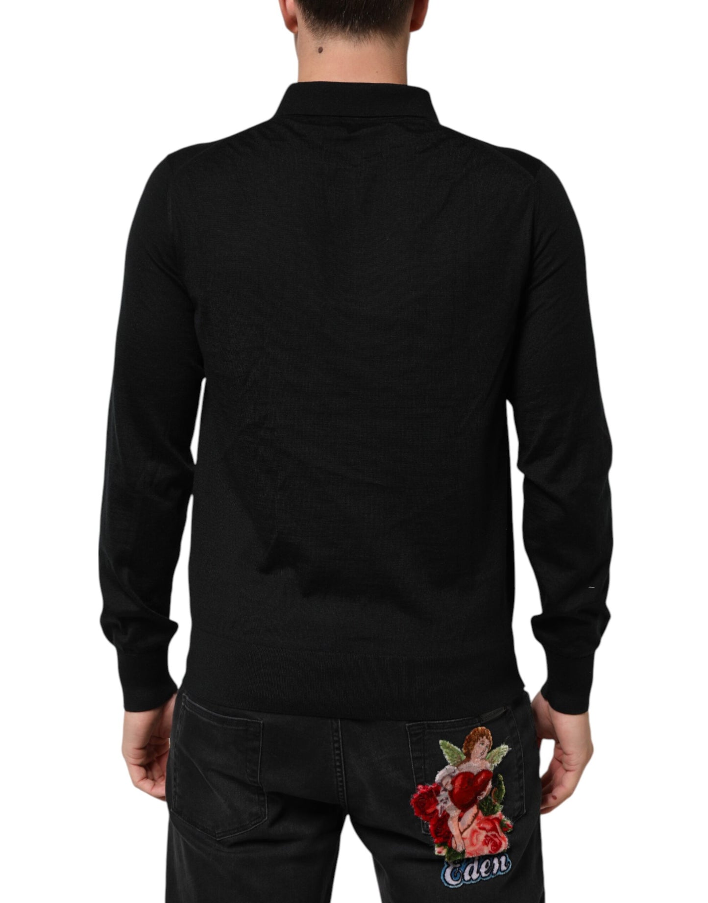 Dolce & Gabbana Black Logo Patch Collared Pullover Sweater Mens Sweater Mens T-Shirt