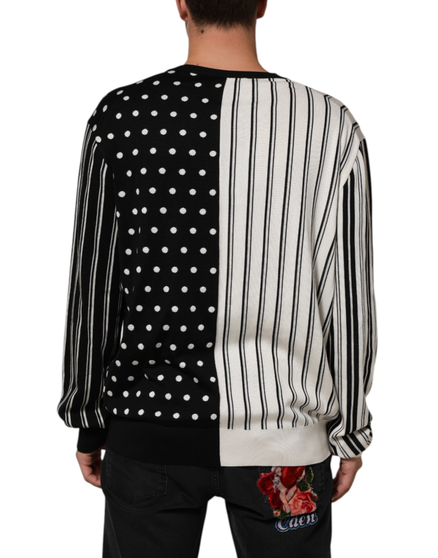 Dolce & Gabbana Black White Stripe Polka V-Neck Pullover Sweater Mens Sweater Mens T-Shirt
