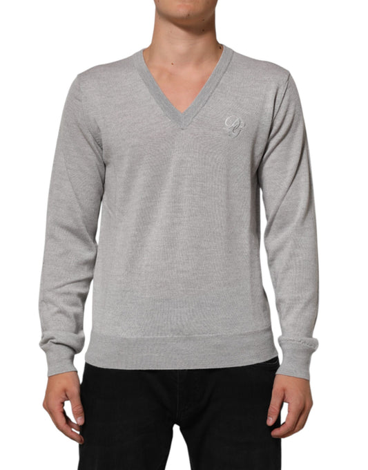 Dolce & Gabbana Gray Wool Knit Logo V-Neck Pullover Sweater Mens Sweater Mens T-Shirt