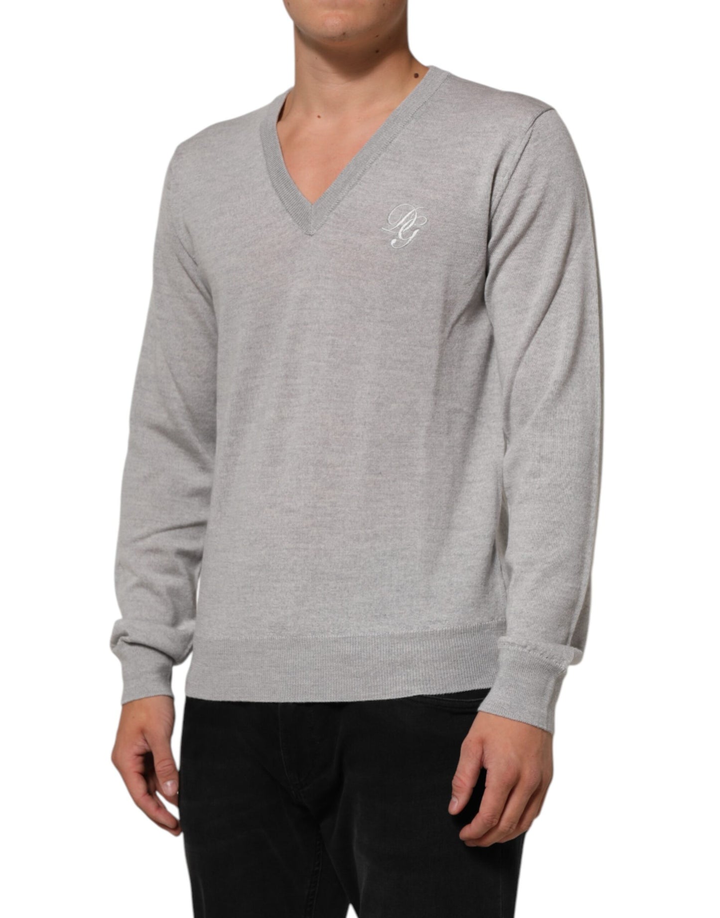 Dolce & Gabbana Gray Wool Knit Logo V-Neck Pullover Sweater Mens Sweater Mens T-Shirt