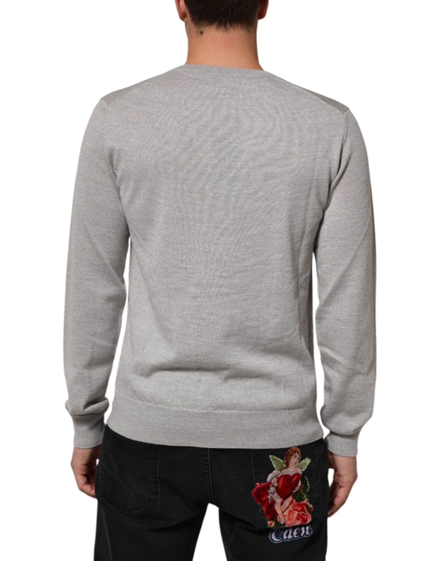 Dolce & Gabbana Gray Wool Knit Logo V-Neck Pullover Sweater Mens Sweater Mens T-Shirt