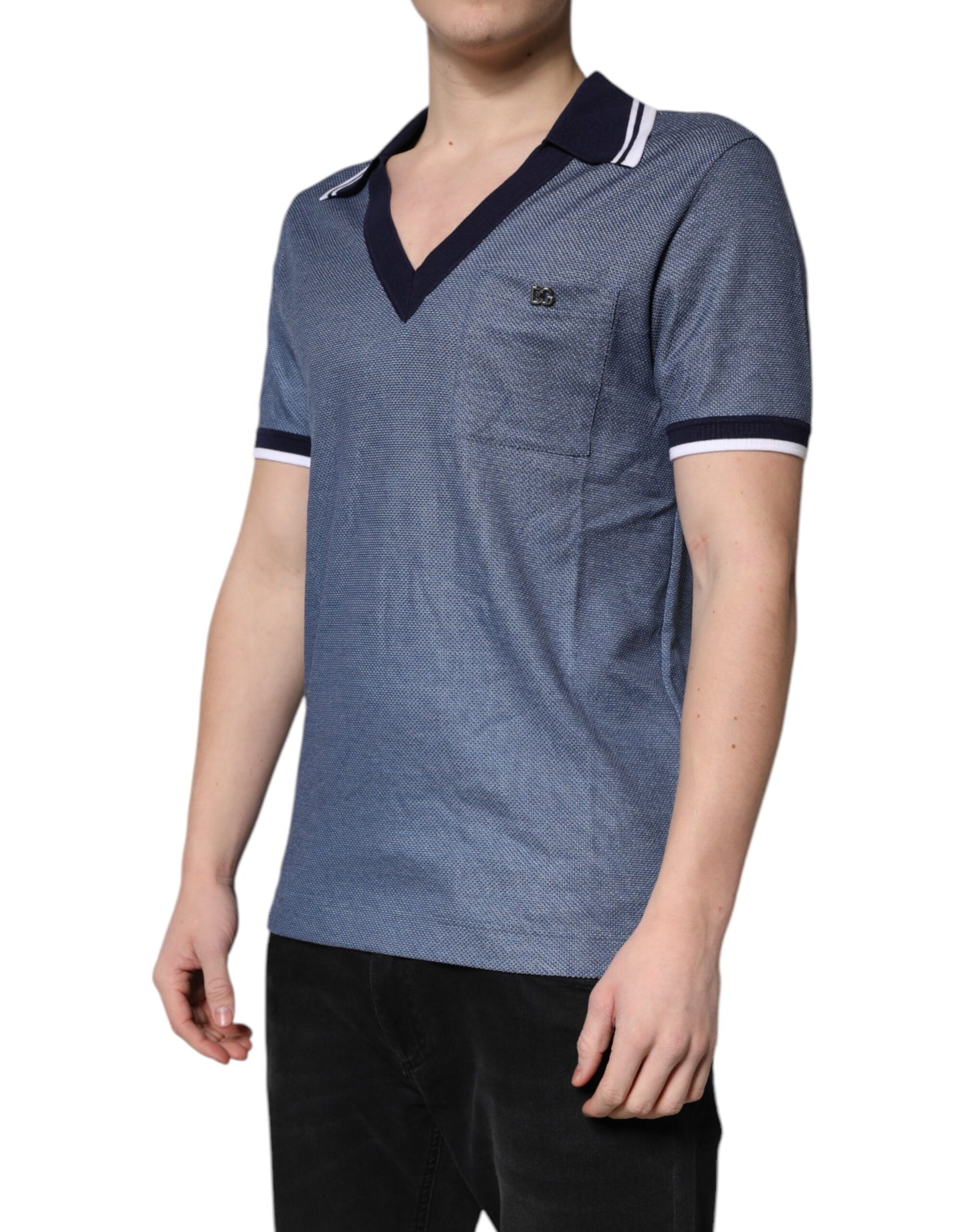 Dolce & Gabbana Blue Collared V-neck Silk Blend Polo T-shirt Mens T-Shirt