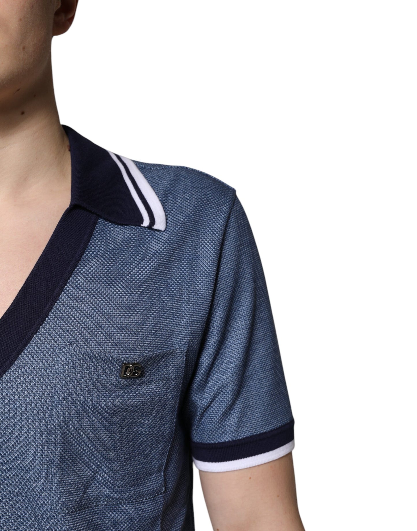 Dolce & Gabbana Blue Collared V-neck Silk Blend Polo T-shirt Mens T-Shirt