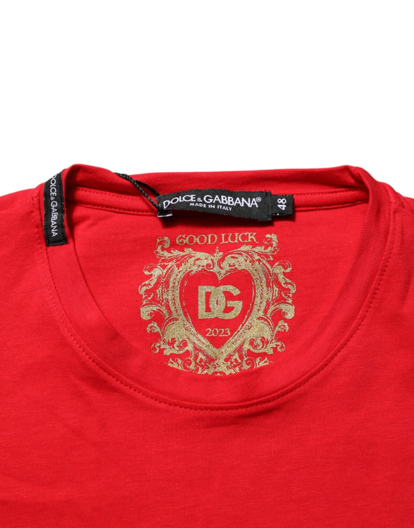 Dolce & Gabbana Red Goodluck 2023 Cotton Crew Neck T-shirt Mens T-Shirt