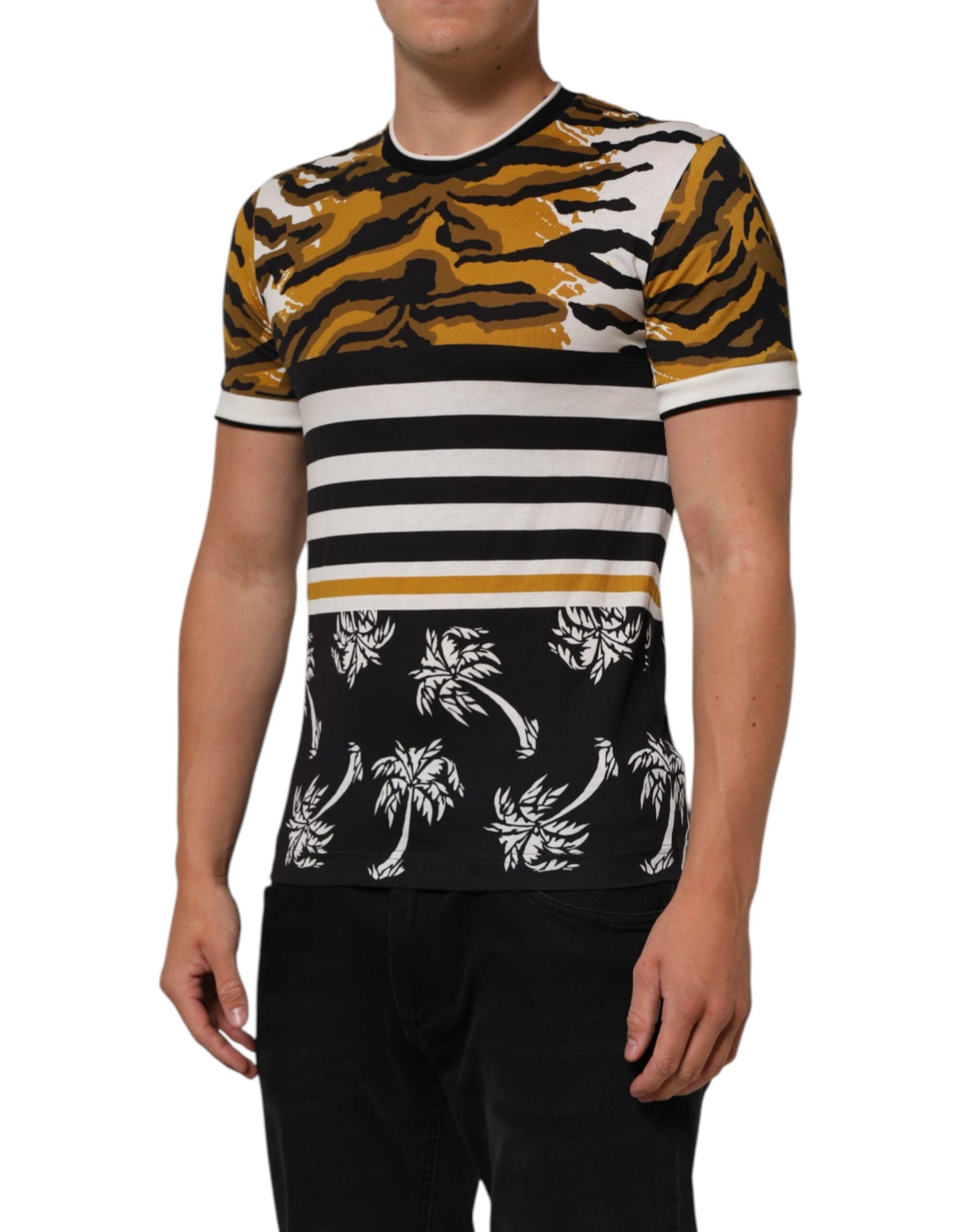 Dolce & Gabbana Multicolor Leopard Palm Leaf Men Crew Neck T-shirt Mens T-Shirt