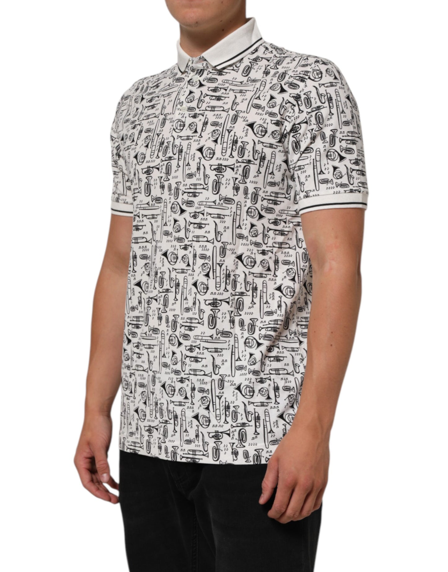 Dolce & Gabbana White Musical Print Collared Polo T-shirt Mens T-Shirt