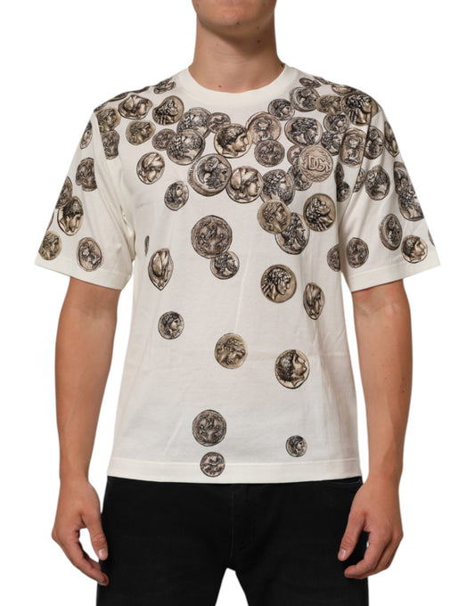 Dolce & Gabbana White Coin Print Cotton Crew Neck Men T-shirt Mens T-Shirt