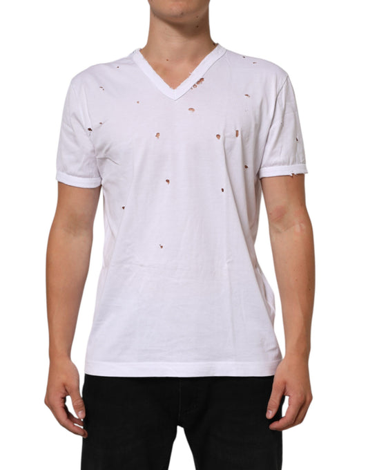 Dolce & Gabbana White Distressed Cotton V Neck Men T-shirt Mens T-Shirt