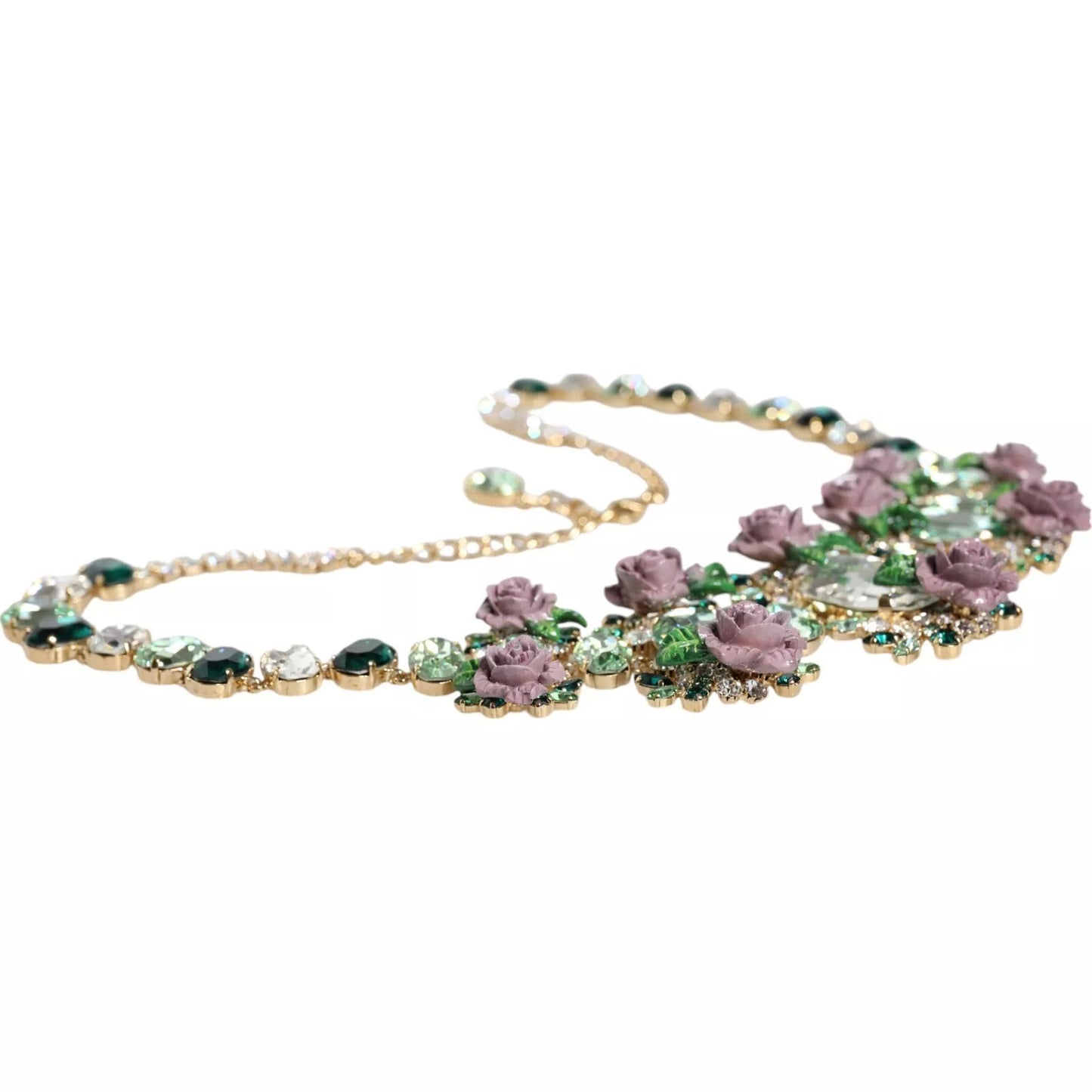 Dolce & Gabbana Gold Brass Link Chain Rose Petal Crystal Necklace Womens Necklace