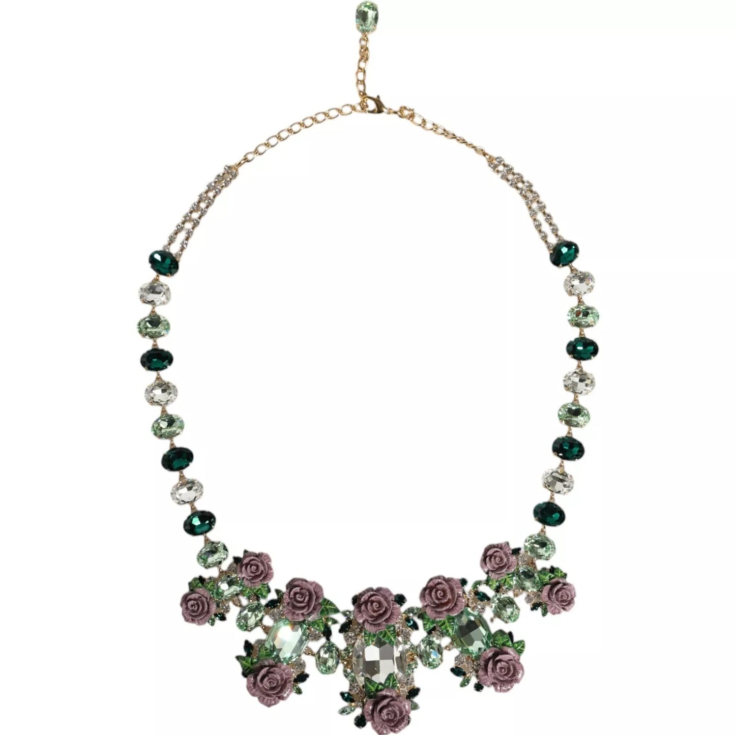 Dolce & Gabbana Gold Brass Link Chain Rose Petal Crystal Necklace Womens Necklace