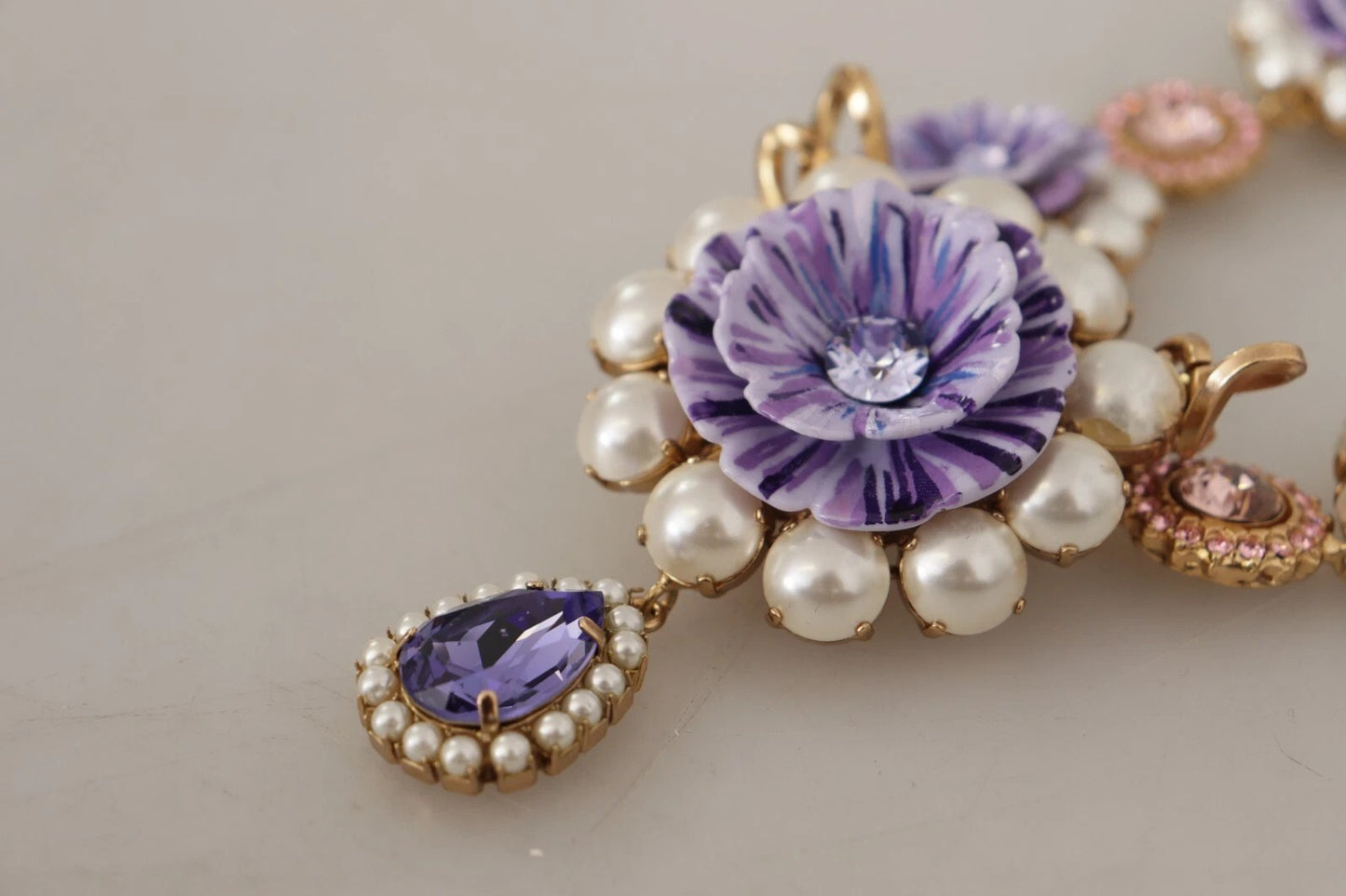 Dolce & Gabbana Gold Tone Floral Crystals Purple Embellished Womens Necklace
