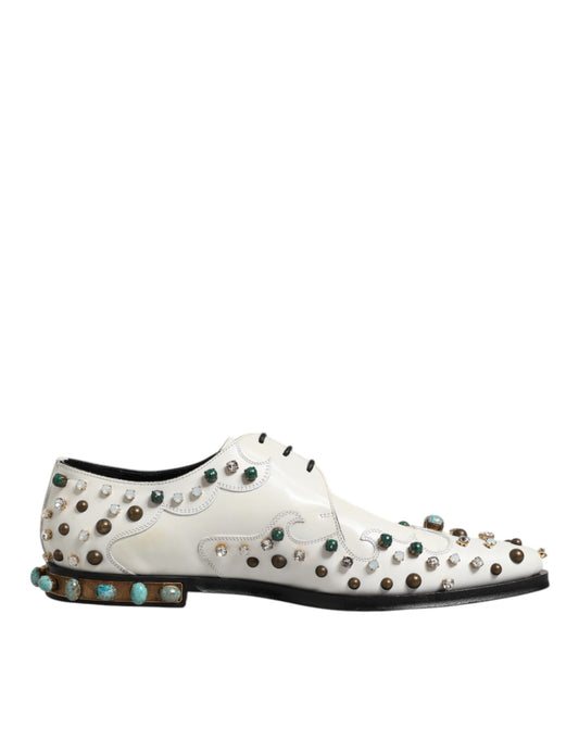 Dolce & Gabbana White Leather Crystals Embellished Derby Shoes