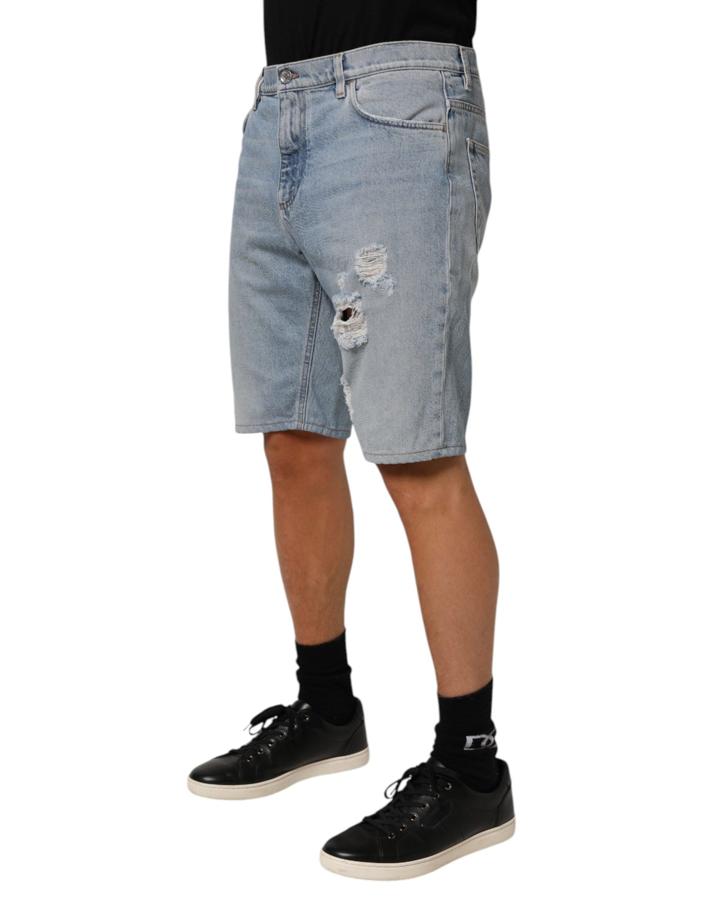 Dolce & Gabbana Blue Cotton Distressed Denim Bermuda Shorts Mens Shorts