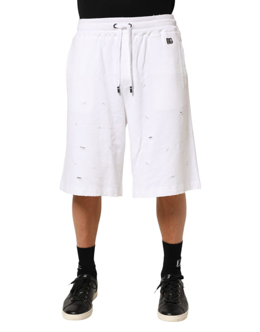 Dolce & Gabbana White Cotton Ripped Bermuda Sweatpants Shorts Mens Shorts