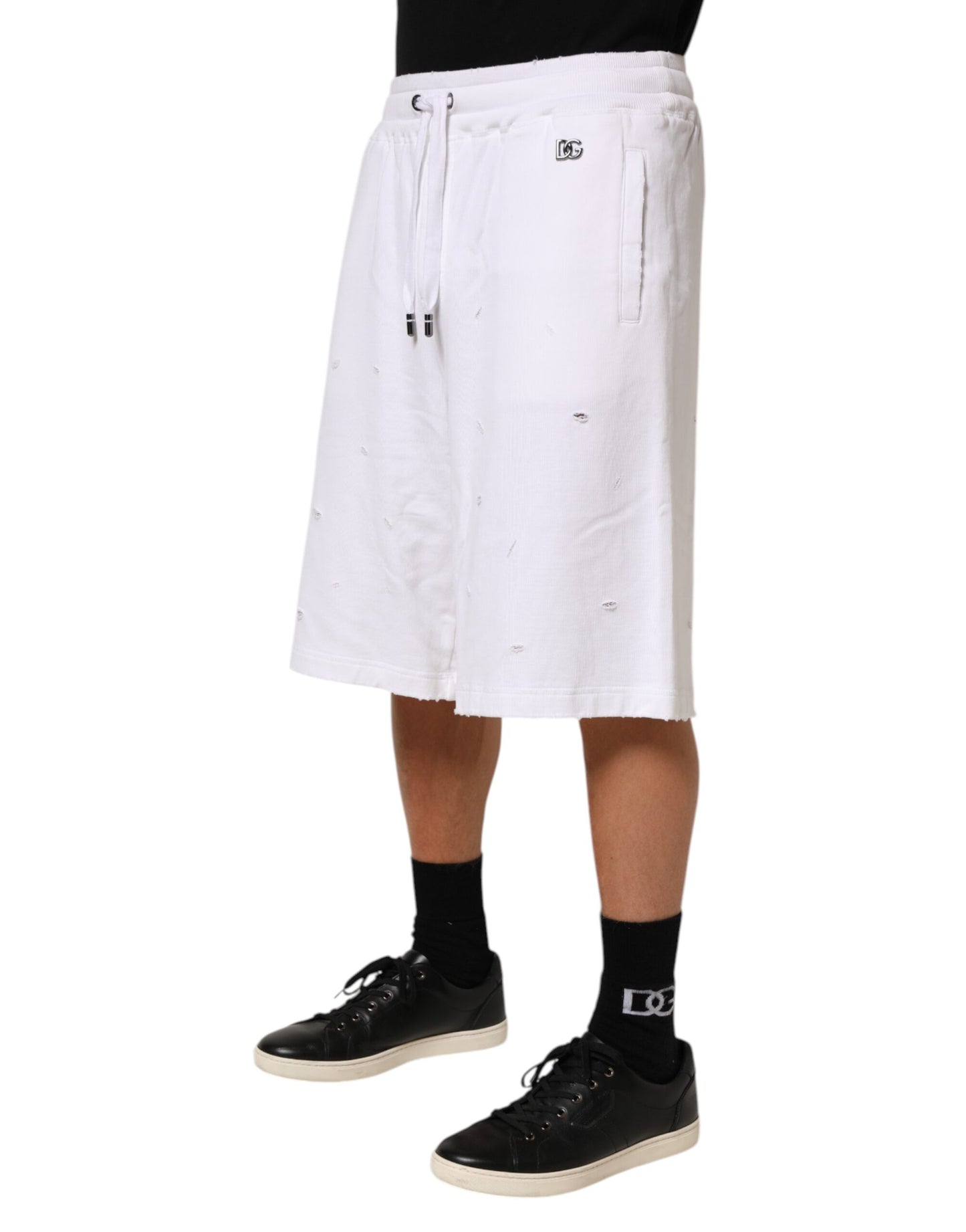 Dolce & Gabbana White Cotton Ripped Bermuda Sweatpants Shorts Mens Shorts