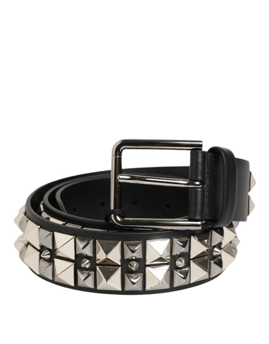 Dolce & Gabbana Black Calf Leather Studded Silver Buckle Belt