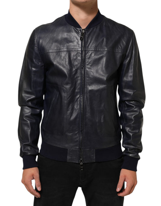 Dolce & Gabbana Blue Leather Full Zip Biker Blouson Jacket Mens Jacket