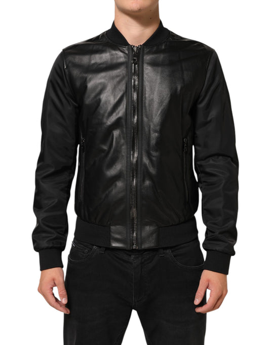 Dolce & Gabbana Black Leather Nylon FullZip Blouson Jacket Mens Jacket