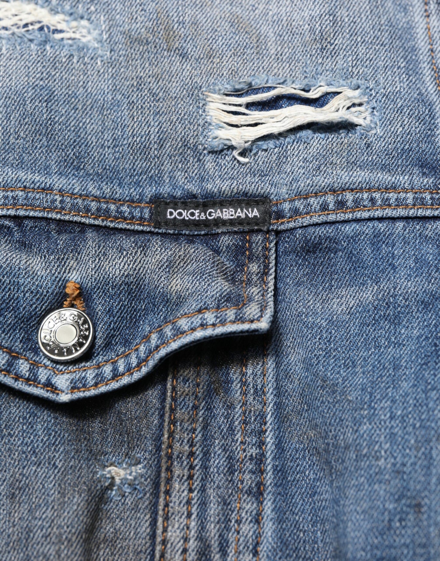 Dolce & Gabbana Blue Cotton Tattered Denim Blouson Jacket Mens Jacket
