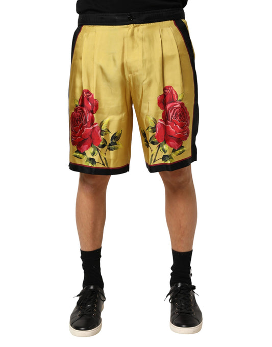 Dolce & Gabbana Yellow Floral Print Silk Men Bermuda Shorts Mens Shorts
