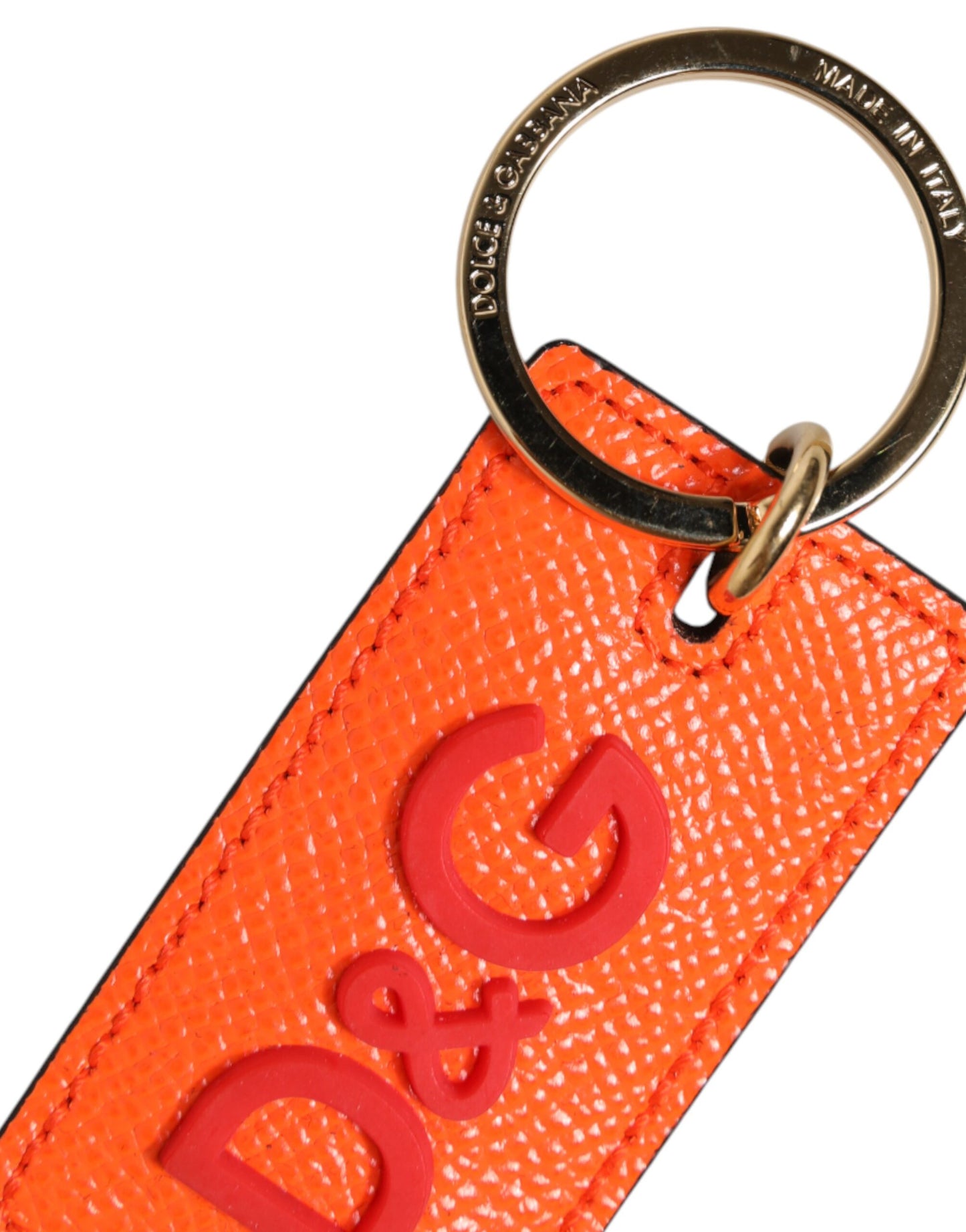Dolce & Gabbana Orange Calf Leather Logo Metal Ring Keychain Keyring