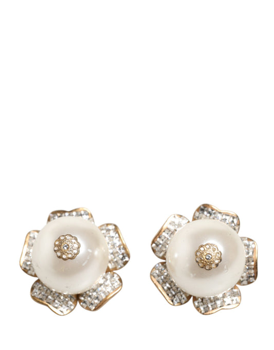 Dolce & Gabbana Gold Tone Maxi Faux Pearl Floral Clip-on Jewelry Earrings Womens Earrings