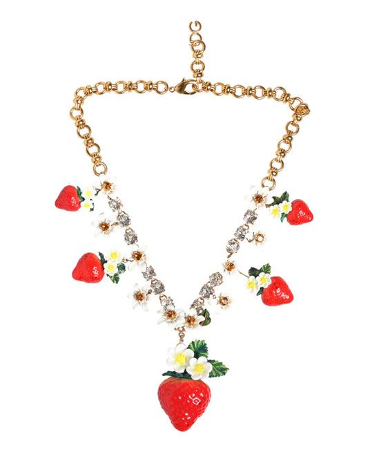 Dolce & Gabbana Gold Brass FRUIT Pendants Flowers Crystal Logo Necklace Womens Necklace