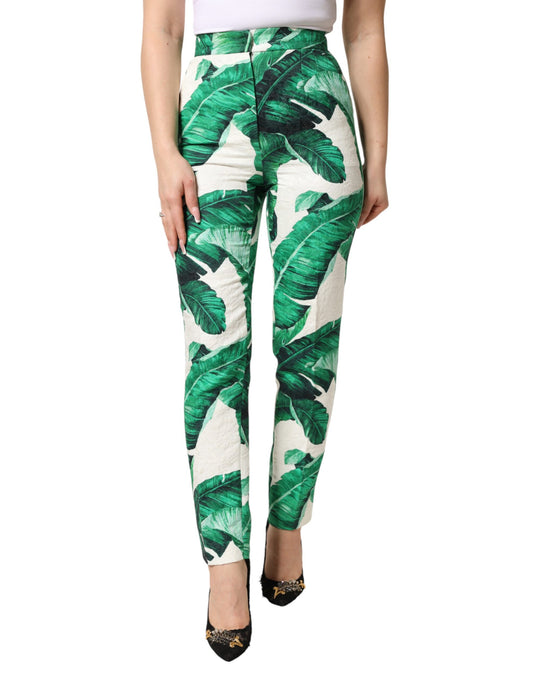 Dolce & Gabbana White Green Leaf High Waist Trousers Pants