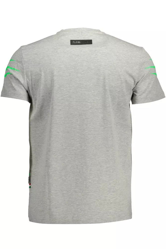 Plein Sport Sleek Gray Crew Neck Logo Tee with Contrasting Details