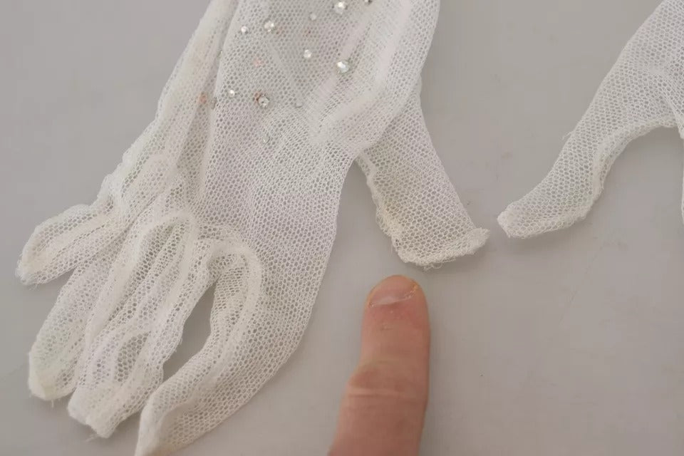 Dolce & Gabbana White Crystal Elbow Length Cotton Tulle Gloves