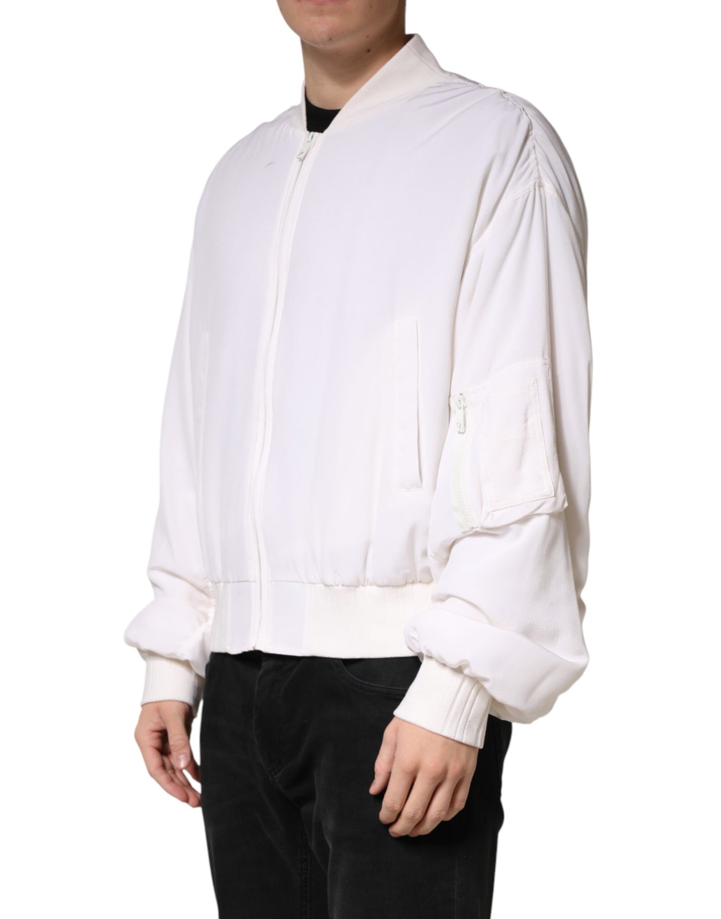Dolce & Gabbana White Silk Full Zip Bomber Blouson Jacket