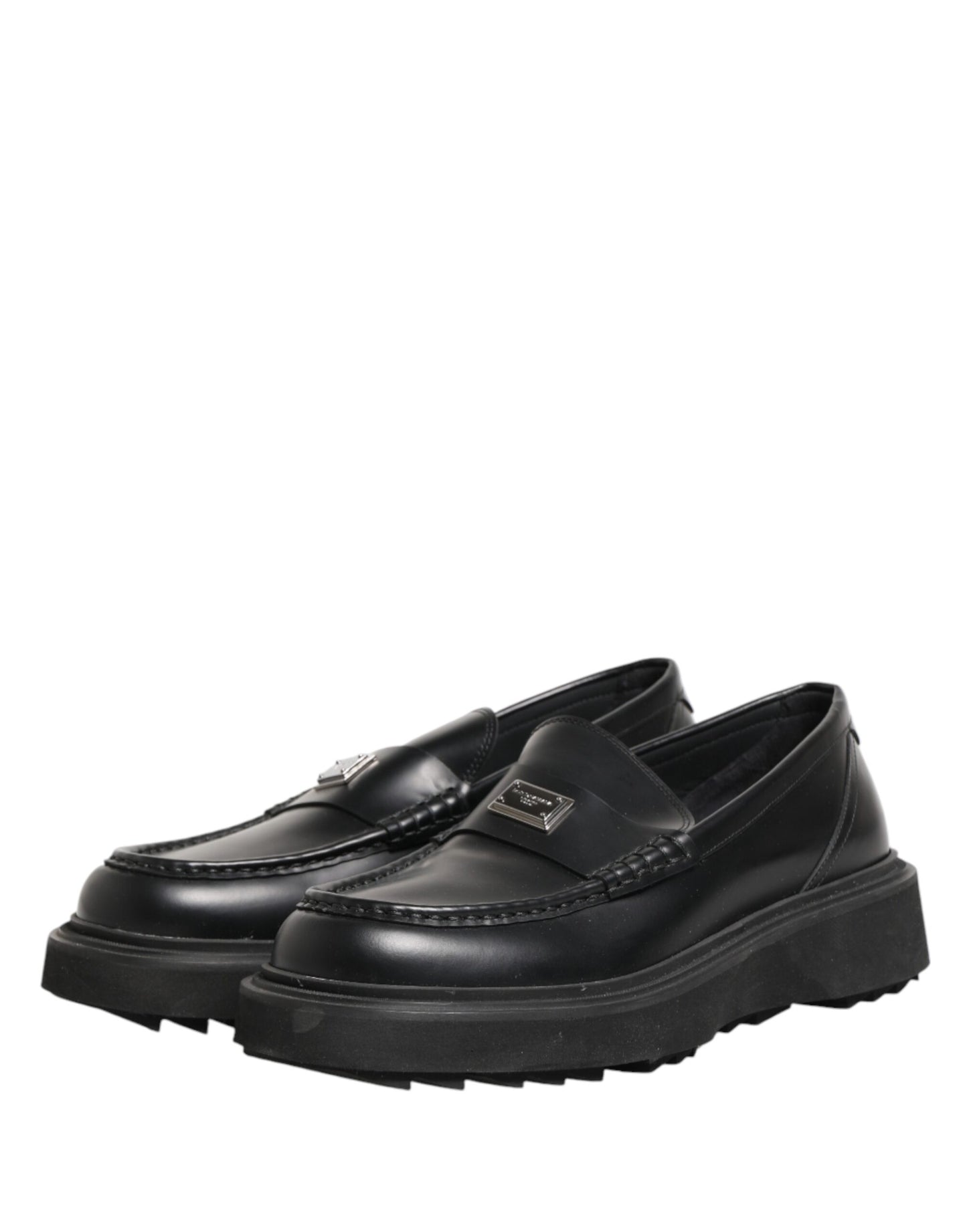 Dolce & Gabbana Black Leather DG Plaque Loafers Dress Shoes