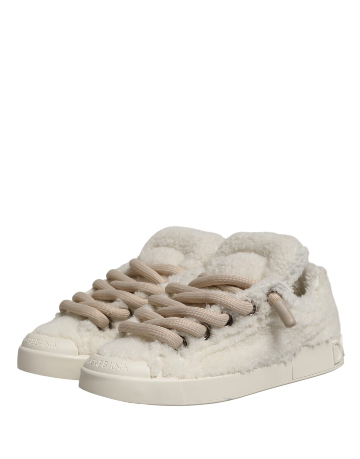 Dolce & Gabbana White Faux Shearling Low Top Sneakers  Shoes