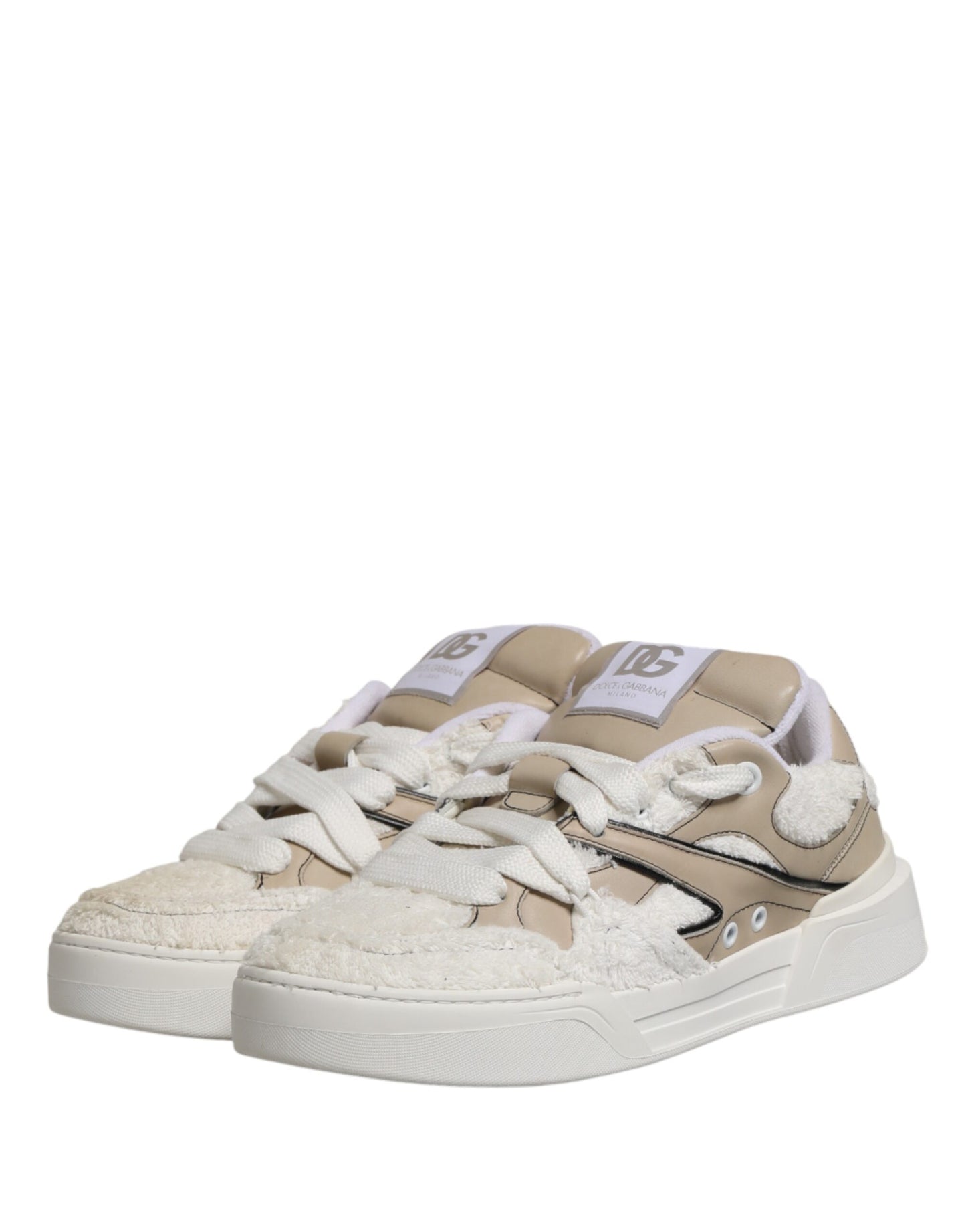 Dolce & Gabbana White Beige Faux Shearling Low Top Sneakers Shoes
