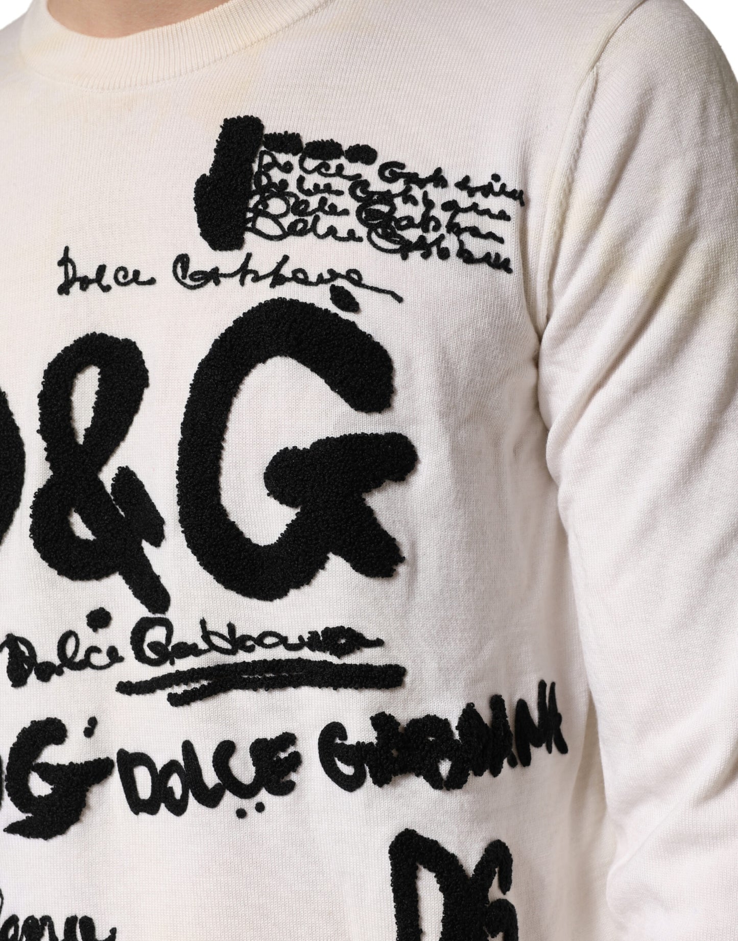 Dolce & Gabbana White Virgin Wool Graphic Logo Crewneck Sweater