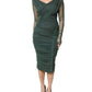 Dolce & Gabbana Green Ruched Mesh Sheer Sleeves Midi Dress