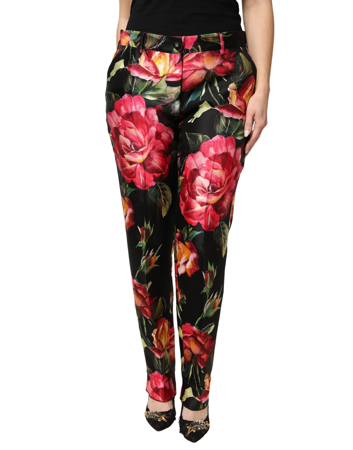 Dolce & Gabbana Black Floral Silk Mid Waist Tailored Trousers Pants