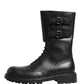Dolce & Gabbana Black Leather Belted Buckle Combat Boots Shoes
