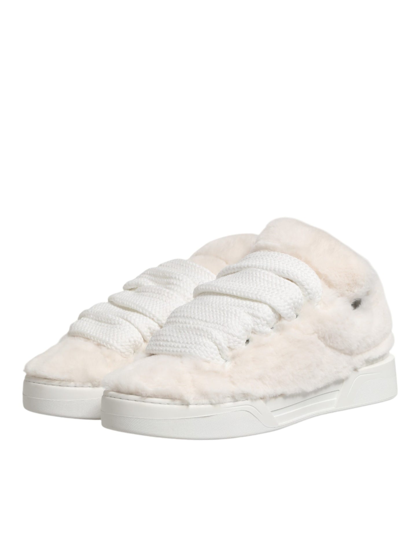 Dolce & Gabbana White Shearling Fur Bianco Low Top Sneakers Shoes