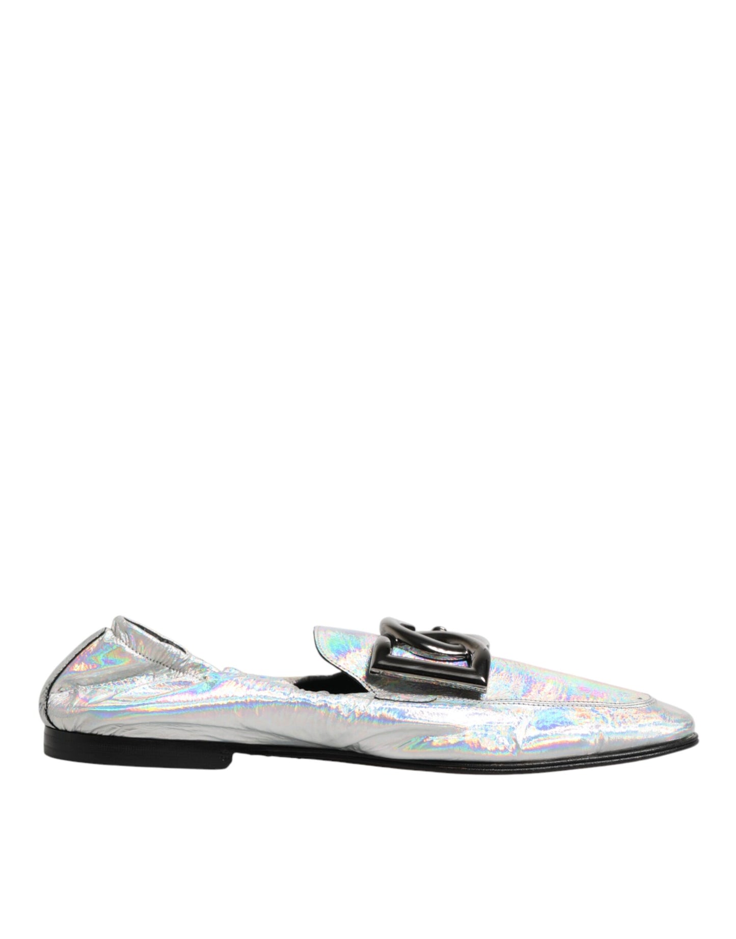Dolce & Gabbana Silver DG Logo Holographic Leather Loafers Shoes