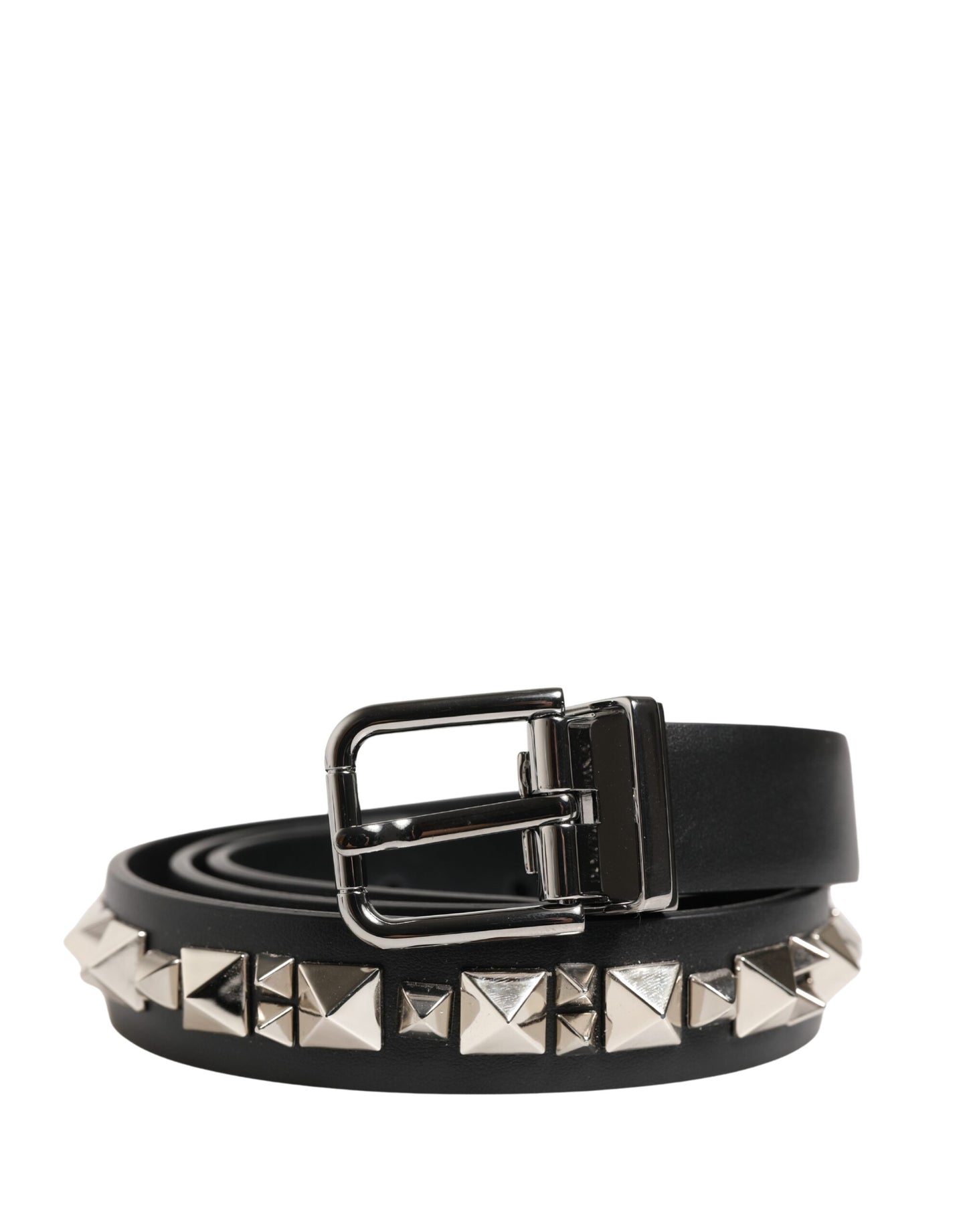 Dolce & Gabbana Black Leather Studded Silver Tone Buckle Belt