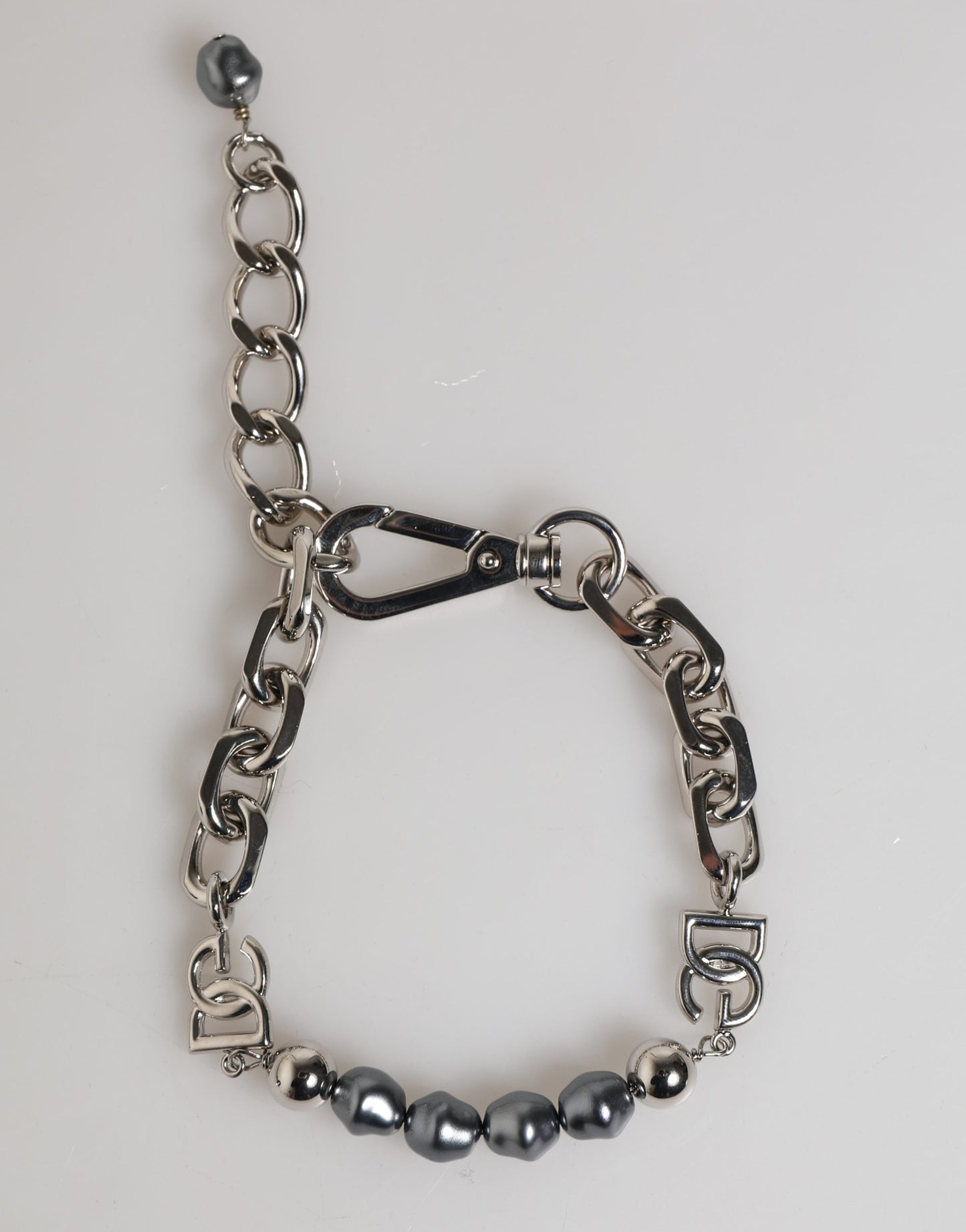 Dolce & Gabbana Silver Tone Chain Lobster Clasp Logo Gray Pearls Bracelet