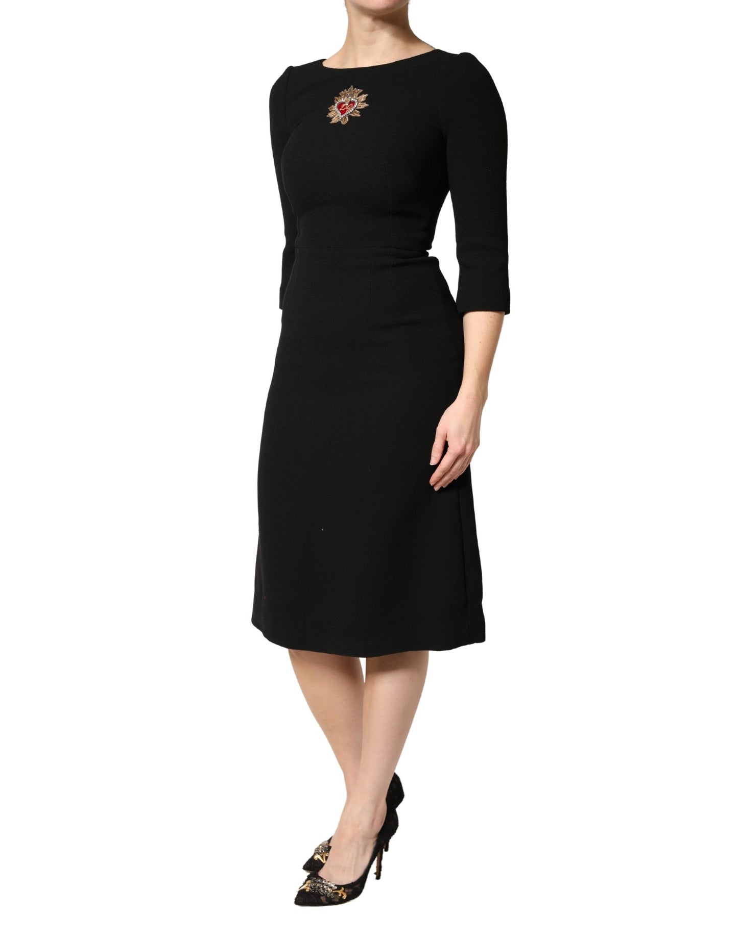 Dolce & Gabbana Black Wool Sacred Heart Patch Midi Dress