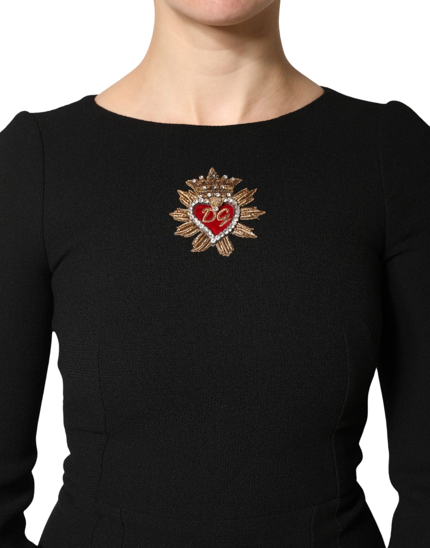 Dolce & Gabbana Black Wool Sacred Heart Patch Midi Dress