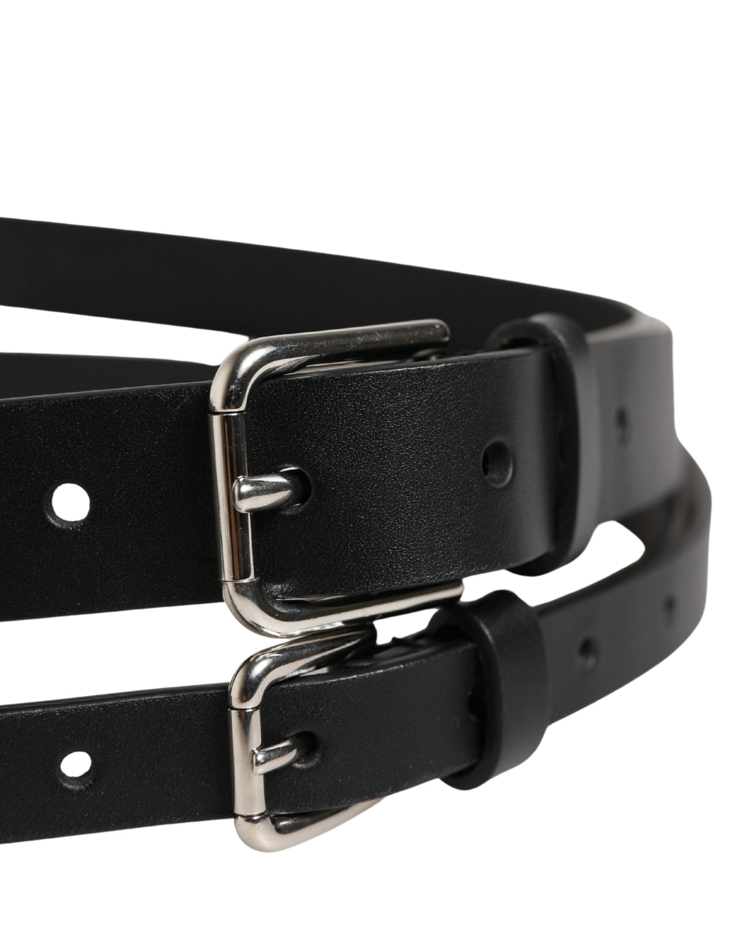 Dolce & Gabbana Black Double Strap Leather Silver Buckle Belt